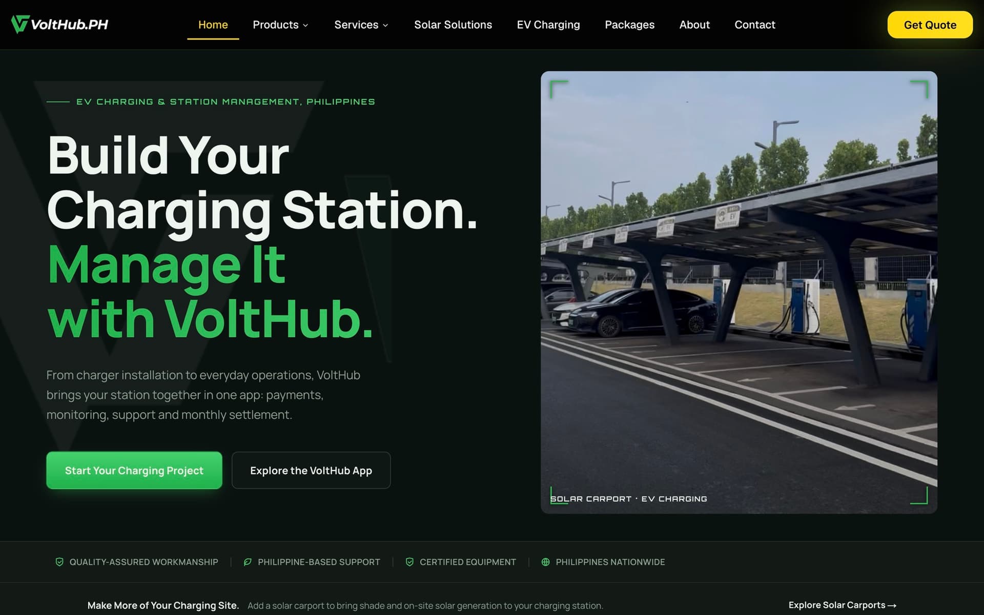 VoltHub homepage on a desktop screen, with the headline Build Your Charging Station. Manage It with VoltHub. and its Start Your Charging Project button.