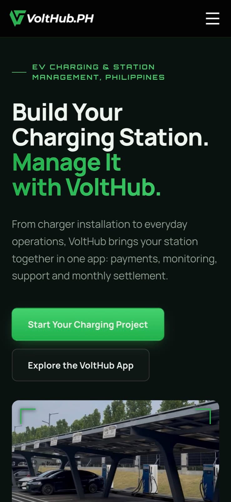 VoltHub homepage on a phone, showing the headline and the Start Your Charging Project button.
